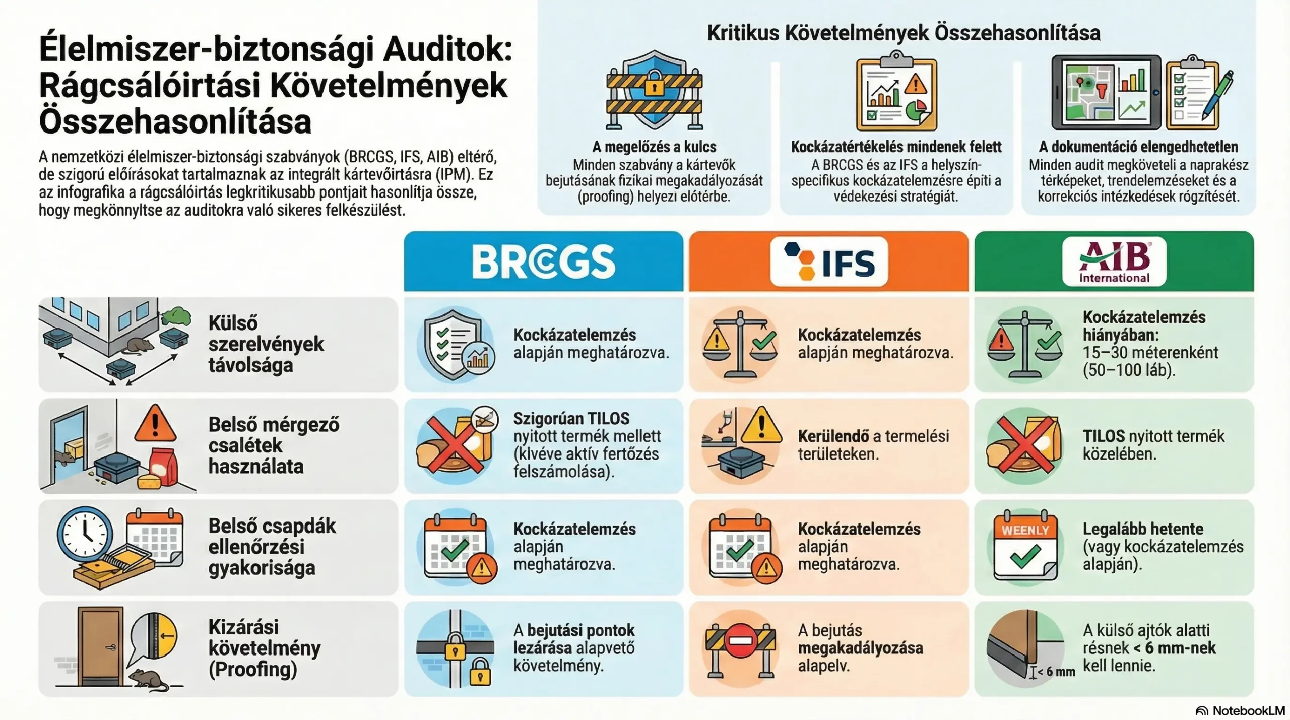 Élelmiszer-biztonsági auditok (BRCGS, IFS, AIB) rágcsálóirtási követelményeinek összehasonlítása