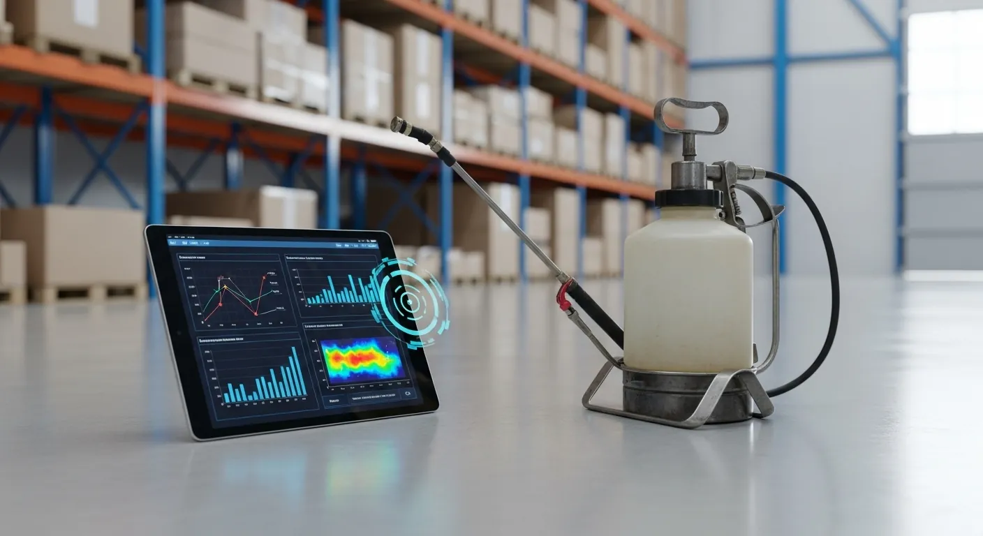 A kártevőirtás technológiai fejlődését szimbolizáló kép: egy régi, fém permetező fekszik egy modern tablet mellett egy tiszta raktár padlóján. A tableten adatvezérelt elemzések és grafikonok láthatók, kiemelve a kontrasztot a régi és az új módszer között.