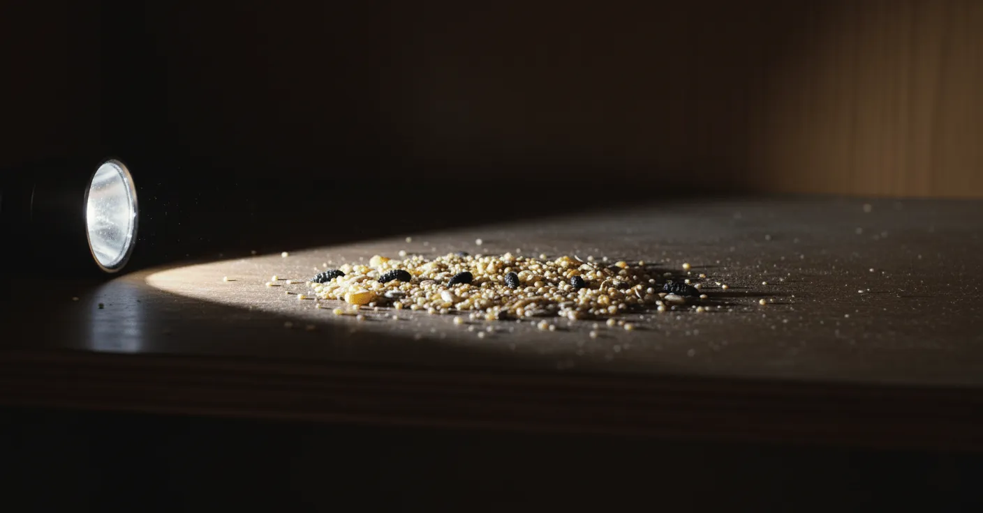 Szakértői zseblámpa fénye által megvilágított egérürülék nyomai szétszóródott gabonaszemek között egy polcon, az egérfertőzöttség felderítése során.