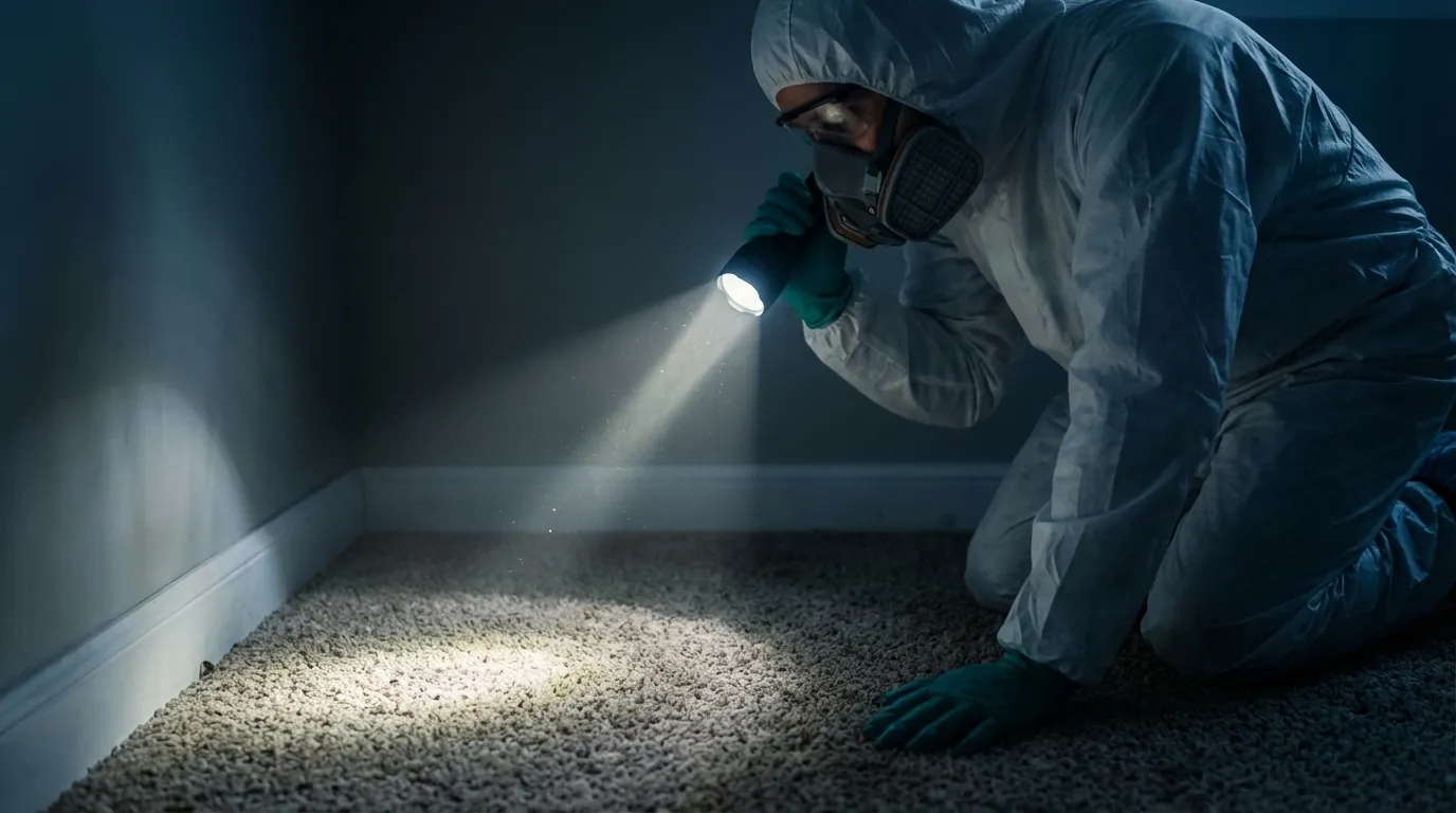 Kártevőirtó szakember bolhafertőzöttség jeleit keresi egy lakásban zseblámpával a szőnyeg mentén.