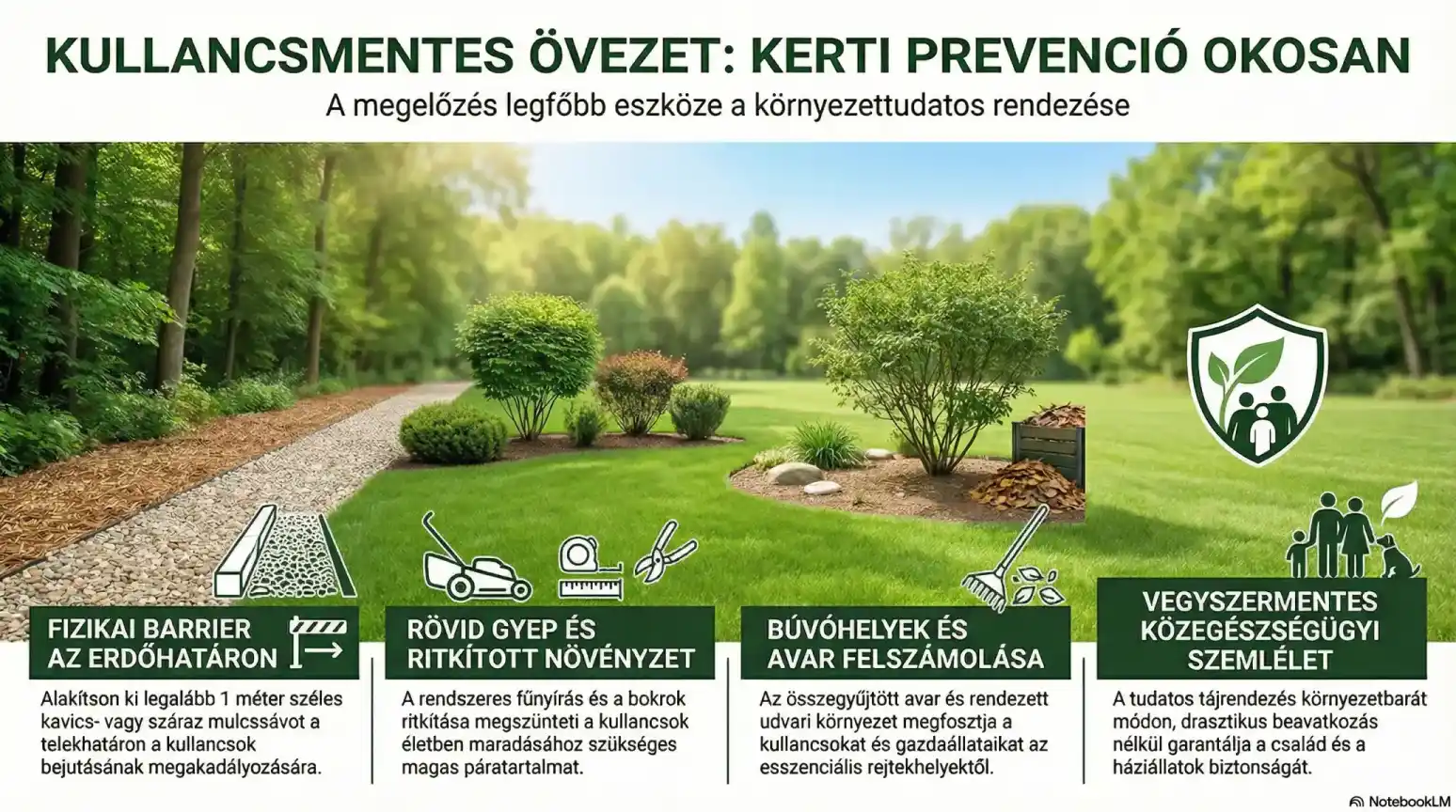 Infografika: kullancsmentes kerti övezet kialakítása – fizikai barrier az erdőhatáron, rövid gyep és ritkított növényzet, búvóhelyek felszámolása, vegyszermentes közegészségügyi szemlélet