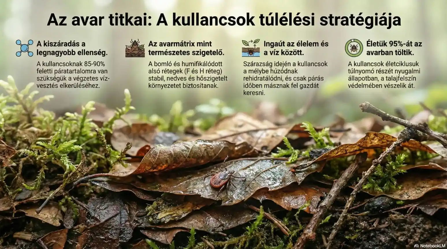 Infografika: az Ixodes ricinus kullancs túlélési stratégiája az avarban – páratartalom-igény, avarmátrix mint természetes szigetelő, rehidratációs viselkedés és életciklus-arányok