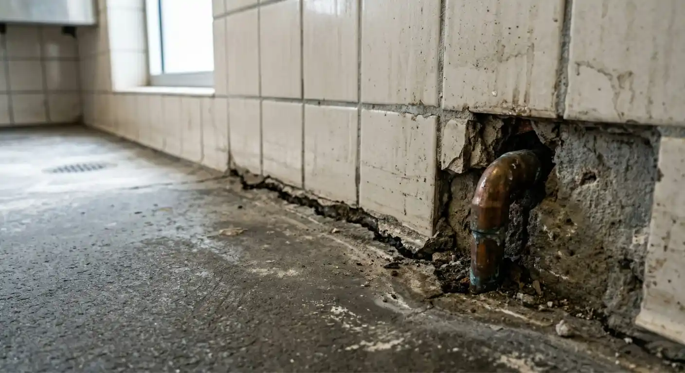 Épületszerkezeti hosszanti repedés és vízcső-áttörés körüli rés mint lehetséges kártevő-bejutási pont egy ipari épület személyzeti mosdójában